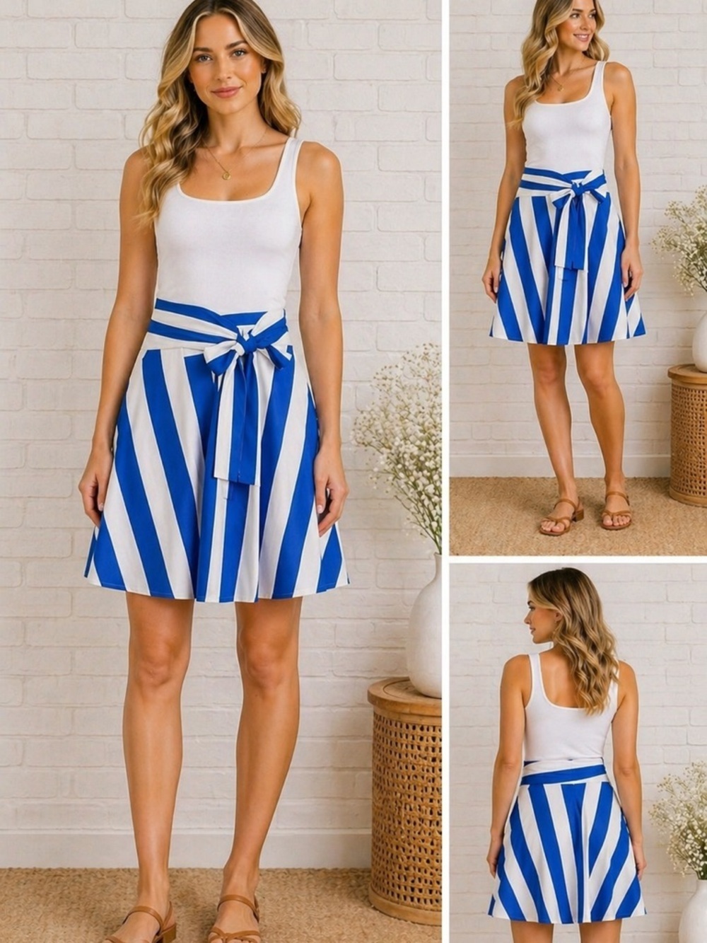 Ann Taylor NWT Petite Striped Blue and White Tie Waist A-Line Skirt Size 2P